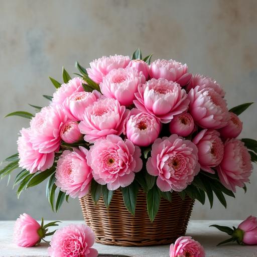 バスケットに入ったピンクの芍薬のアレンジメント