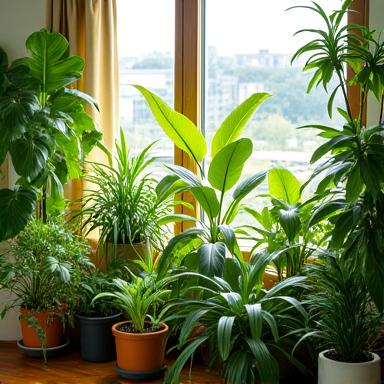 日当たりの良い室内に置かれた様々な観葉植物